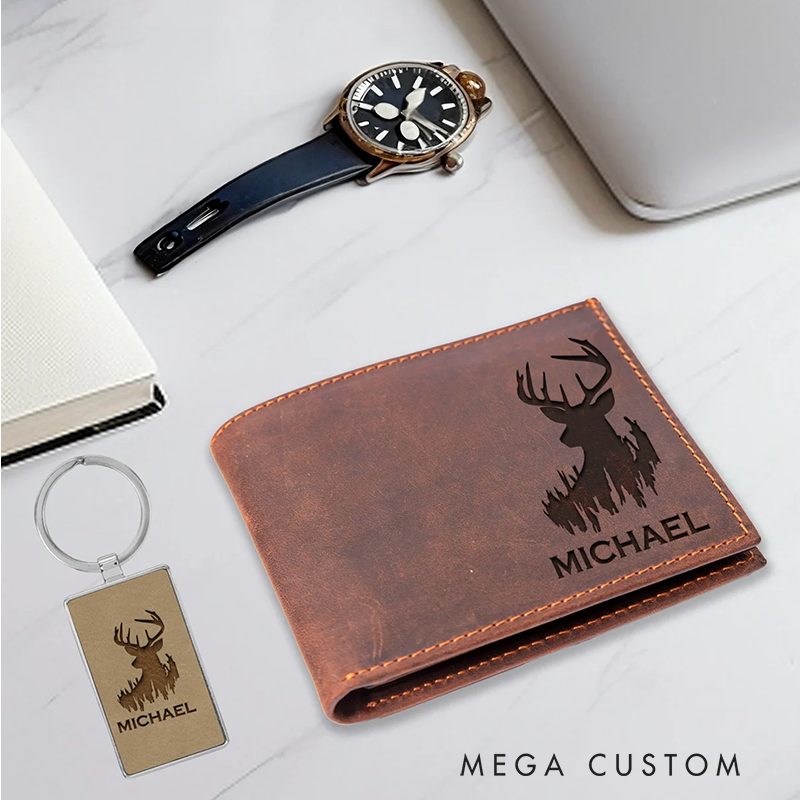 Personalized Men Crazy Horse Leather Wallet Engraved Name Wallet Custom Deer Hunting Wallet Gift for Hunting Husband