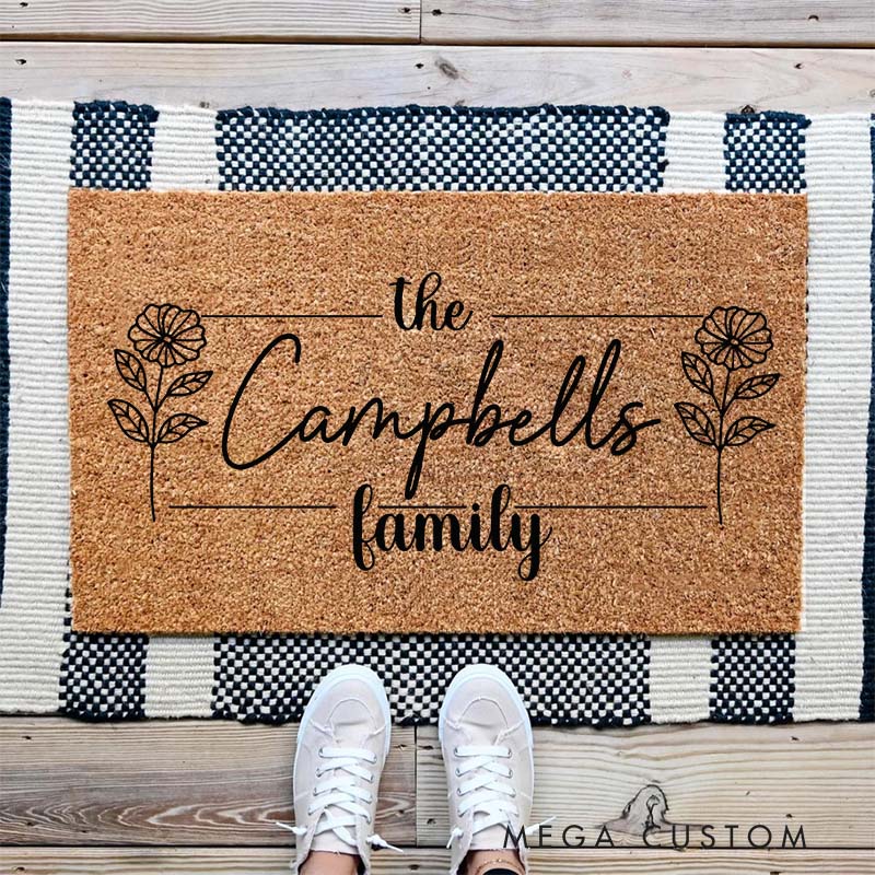 Personalized Floral Family Welcome Mat Custom Door Mat with Family Name New Home Gift Housewarming Wedding Gift for Couples Christmas Gift