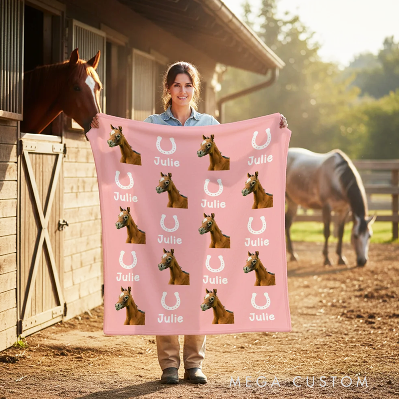 Personalized Horseshoe Horse Face Photo Multicolor Soft Throw Blanket with Name Birthday Anniversary Gift for Horse Owner Lover