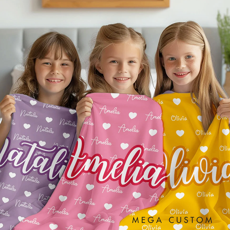 Personalized Heart Icon Multicolor Name Soft Throw Blanket Birthday Christmas Gift for Boys Girls Family