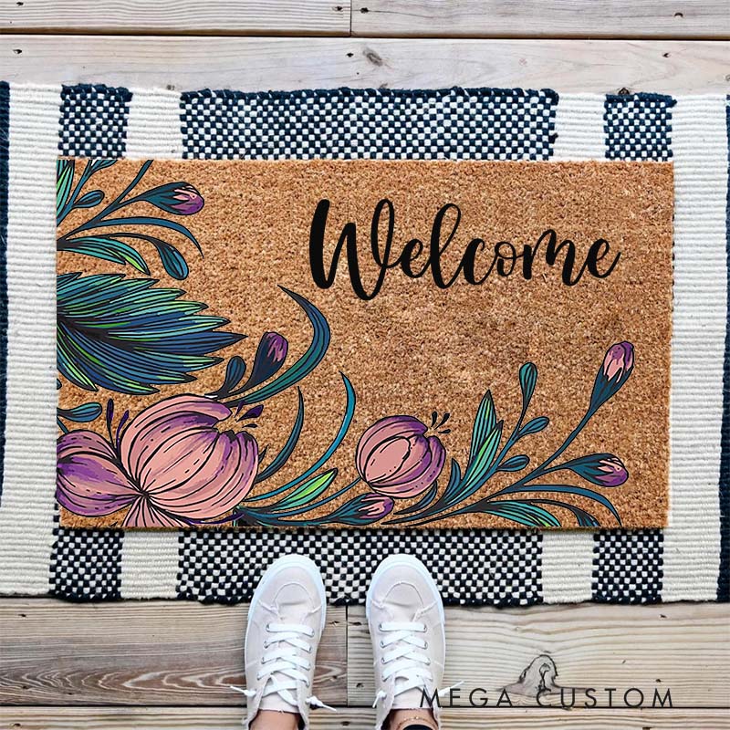 Personalized Home Doormat Custom Floral Welcome Doormat Housewarming Gifts New Home Welcome Mat for Home Closing Gift New Home Gift