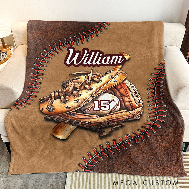 Personalized Baseball Glove Blanket with 3D Stitching Design and Custom Name 