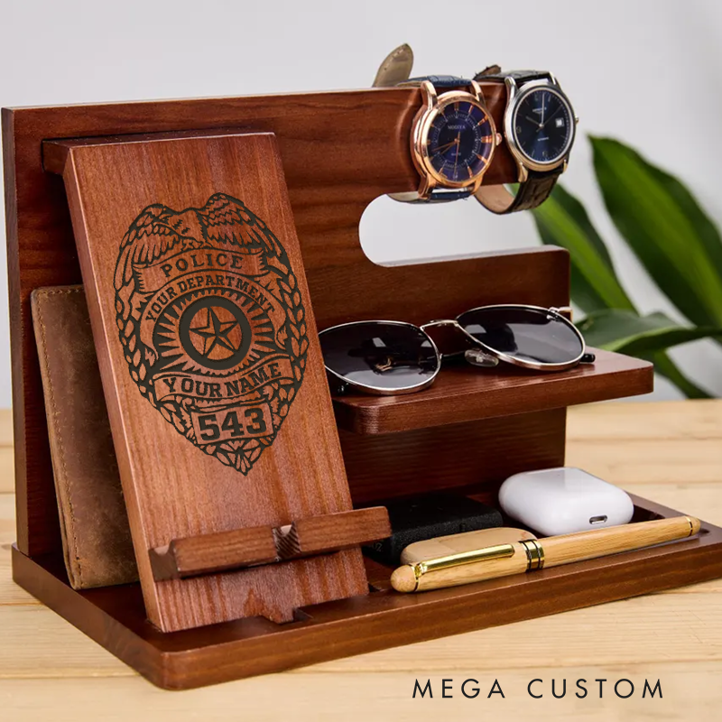 Personalized Police Badge Wooden Docking Station Custom Engraved Organizer for Watches Wallet Sunglasses and Accessories