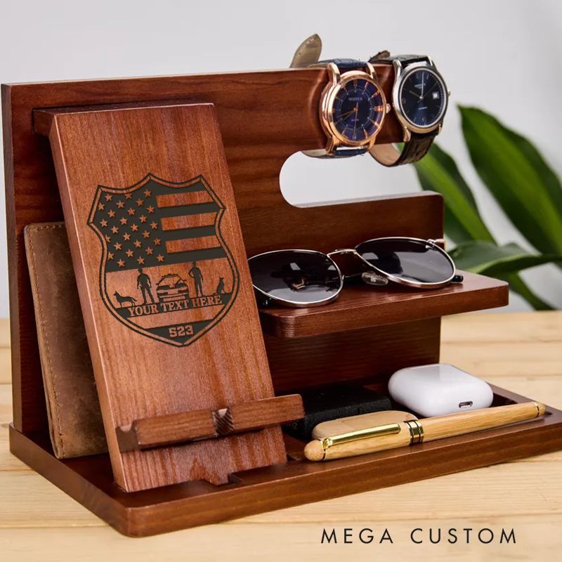 Personalized Police Shield Wooden Docking Station Custom Engraved Organizer for Watches Wallet Sunglasses and Accessories