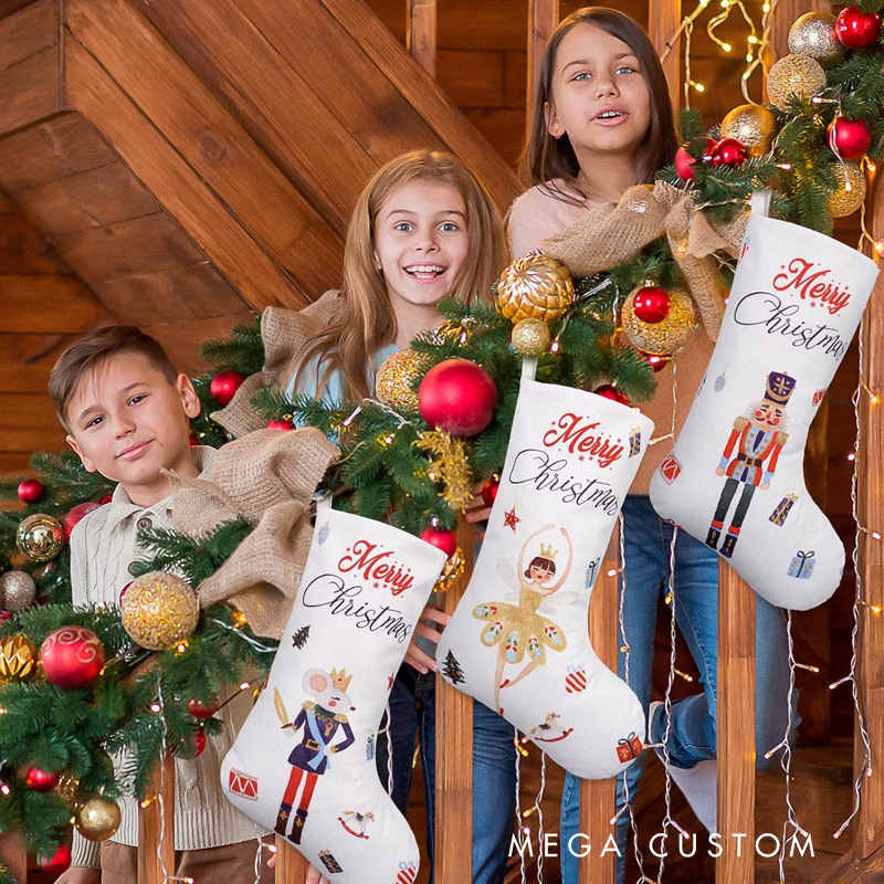 Personalized Large Nutcracker Christmas Stocking Hanging Stocking Rustic Vintage Watercolor Favor Treat Stocking Gift Bag for Kids Fireplace Xmas Tree Indoor Party Decoration