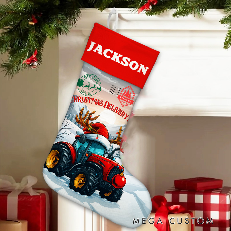 Personalized Festive Tractor and Reindeer Christmas Stocking with Custom Name for Holiday Cheer