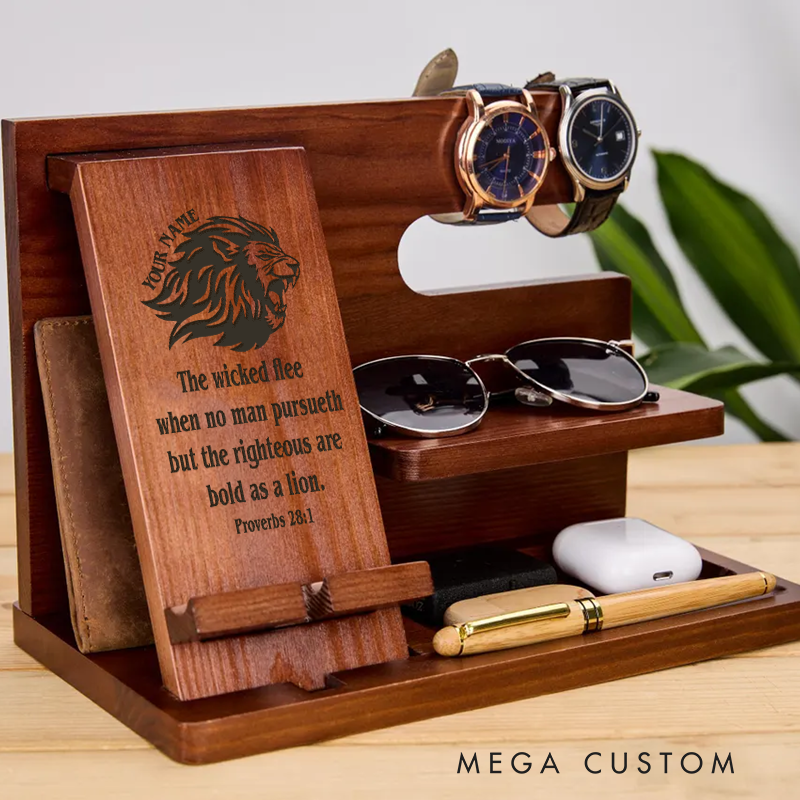 Personalized Police Officer Wooden Docking Station Custom Engraved Organizer with Lion Bible Verse Gift for Police