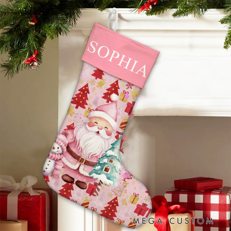 Personalized Pink Santa and Snowman Christmas Stocking with Custom Name for Festive Holiday Decor