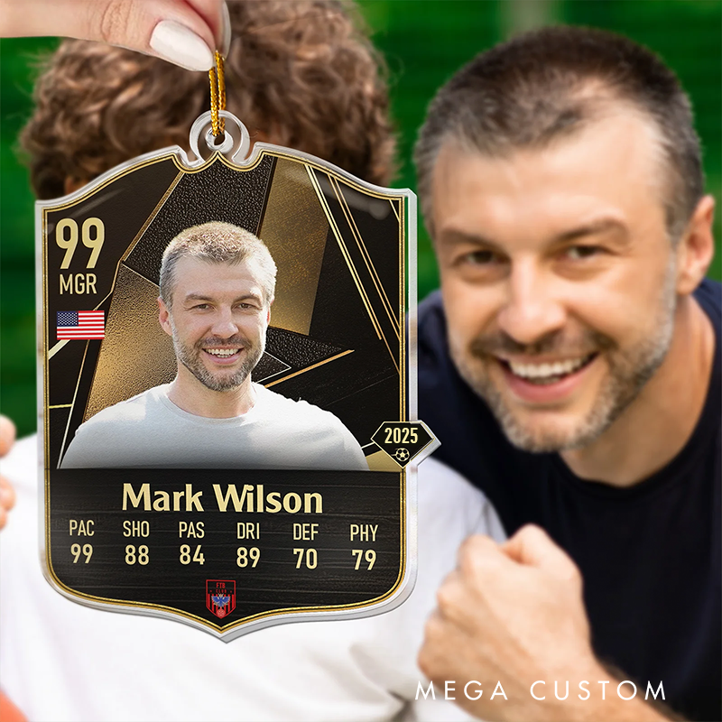 Personalized Soccer Card Acrylic Christmas Ornament with Custom Photo, Name, and Stats Design