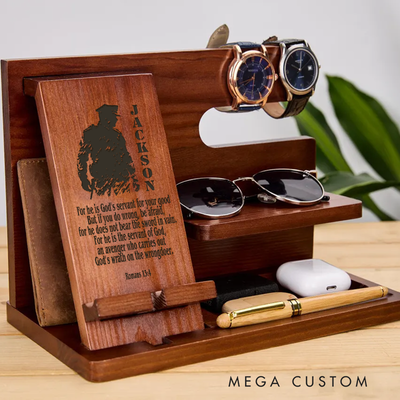 Personalized Police Officer Wooden Docking Station Custom Engraved Organizer with Peacekeeper Bible Verse