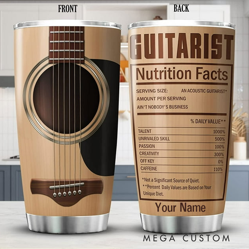 Personalized Name Guitar Insulated Tumblers 20oz Guitarist Nutrition Facts Cup With Lid Vintage Music Gifts for Guitarists Musician Acoustic Band Music Teacher Gifts Guitar Lover
