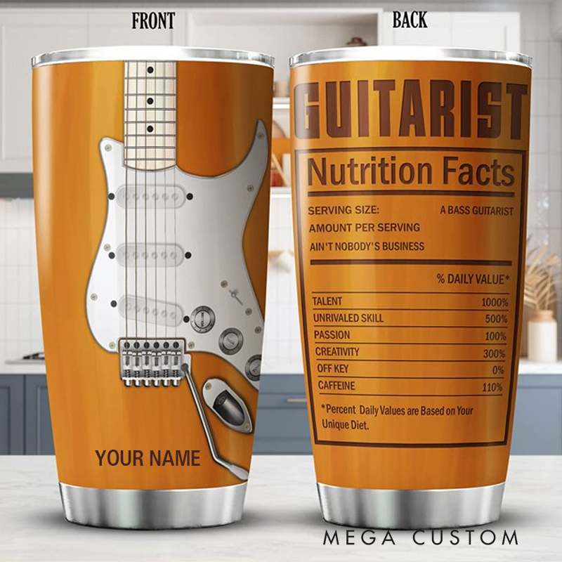 Personalized Name Bass Guitar Insulated Tumblers Guitarist Nutrition Facts Mug With Lid 20oz Vintage Guitar Enthusiast Gifts