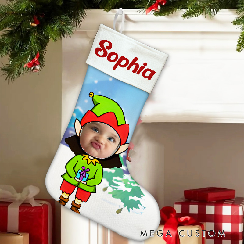 Personalized Elf Photo Christmas Stocking with Custom Name for Playful and Personalized Holiday Fun