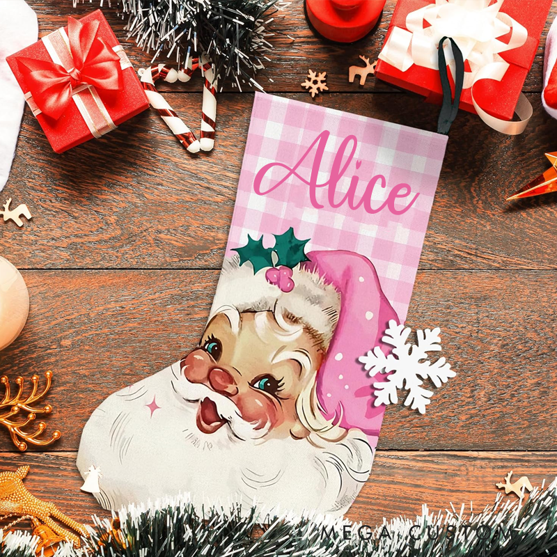 Personalized Pink Santa Christmas Stocking Pink Christmas Decorations Stockings Vintage Pink Santa Decor Christmas Xmas Hanging Stockings for Women Girls Christmas Stocking Gifts for Girls Women Daughter