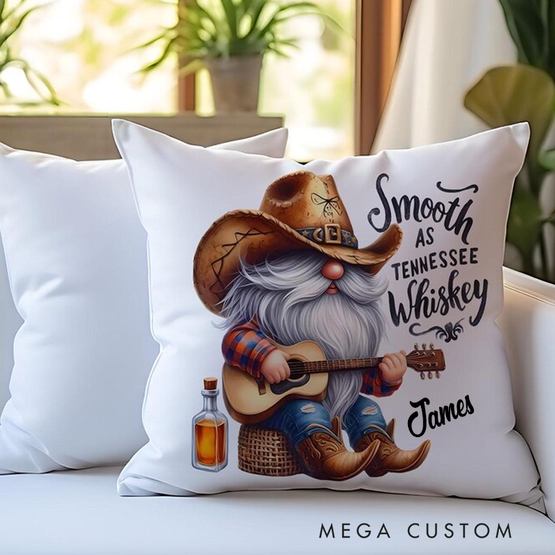 Personalized Name Whiskey Gnome Pillow Country Gnome Decor Cowboy Gnome Pillow Rustic Farmhouse Cushion Guitar Lover Gift