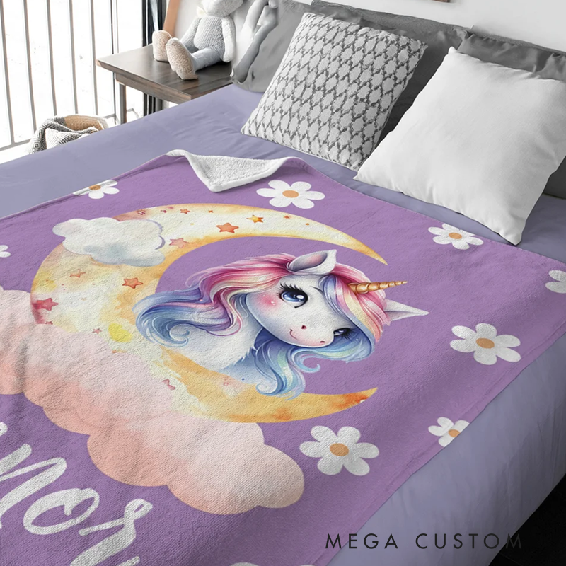 Personalized Fantasy Unicorn Dreamy Moon Soft Throw Blanket with Name Home Decor Birthday Baby Shower Gift for Girls