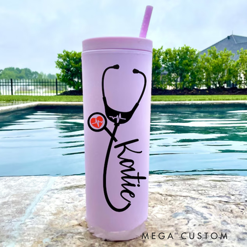 Personalized Nurse Tumbler with Straw Stethoscope RN Nurse Gift Doctor Gift Nurse Assistant Heartbeat Nursing Student