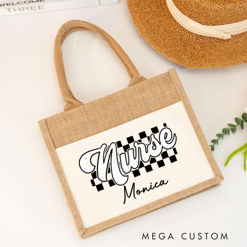 Personalised Nurse Burlap Tote Bags Checkered Care Nurse in Style Design Perfect Gift for Yourself or a Loved One