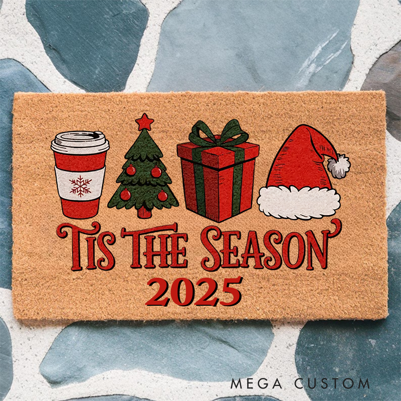 Personalized Tis The Season Christmas Doormat Holiday Welcome Mat with Christmas Tree Santa HatFestive Front  Winter Decoration Christmas Door Decor