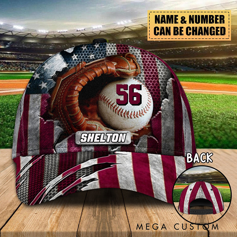 Personalized Baseball Hat Featuring 3D Baseball Glove and American Theme and Custom Name & Number  