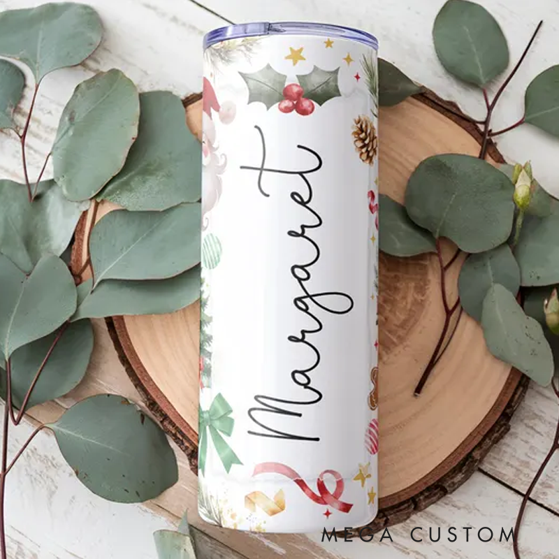 Personalized Name Santa Tumbler 20oz Merry Christmas Skinny Tumbler With Lid and Straw New Year Holiday Gift Xmas Tumbler Cup