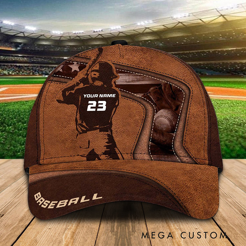 Personalized Baseball Cap with Custom Name Number and Baseball Player Silhouette Design