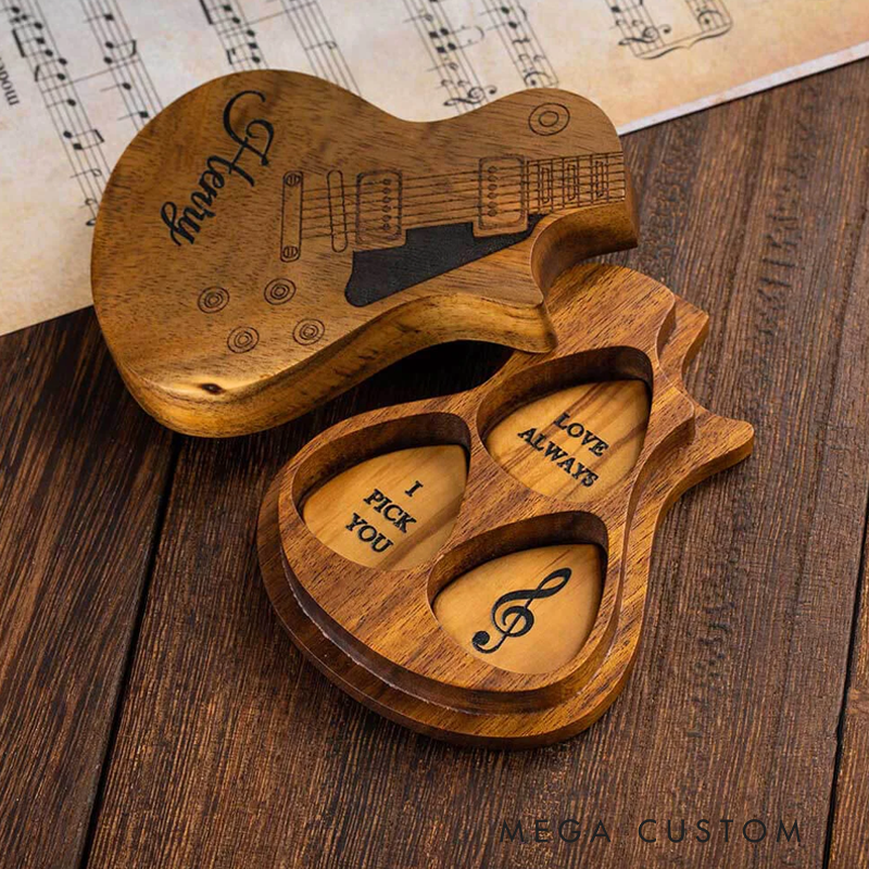 Personalized Wooden Guitar Picks with Storage Case Engraved Holder Box for Pick Set Gift for Guitar Player Musician Birthday Gift Idea
