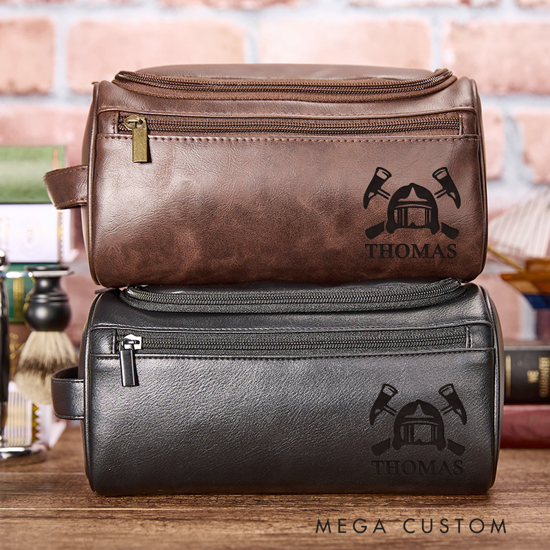 Personalized Leather Toiletry Bag for Firefighter Leather Bag for Fireman Police Dopp Kit