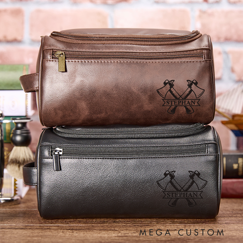 Personalized Leather Toiletry Bag with Crossed Axes Leather Bag for Fireman Police Dopp Kit
