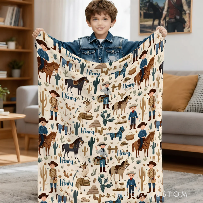 Personalized Western Cowboy Cow Horse Soft Throw Blanket with Name Birthday Anniversary Gift for Cowboy Country Lover