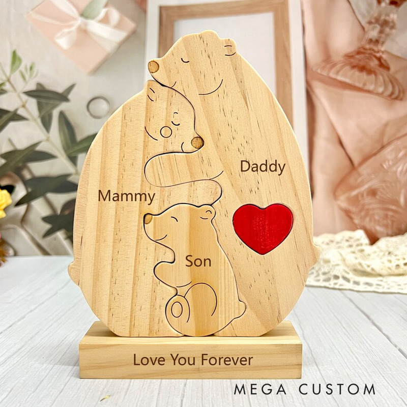 Personalized Wooden Bear Family Puzzle Wooden Bear With Heart Engraved Customizable Name Family Puzzle Family Keepsake Gift New Home Housewarming Gift