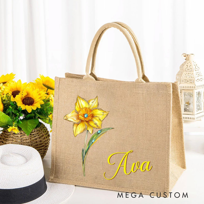 Personalized Retro Oil Painting Birth Flower with Birthstone Custom Name Jute Tote Bag Travel Gift Mother's Day Gift Gardening Lovers Gift 