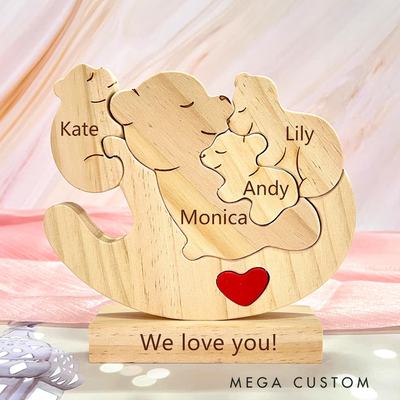 Personalized Wooden Shaking Bear Puzzle Cute Parent Child Bear Fun Swinging Chair Napping Bear Engraved Name Mother's Day Gift Family Keepsake Gifts