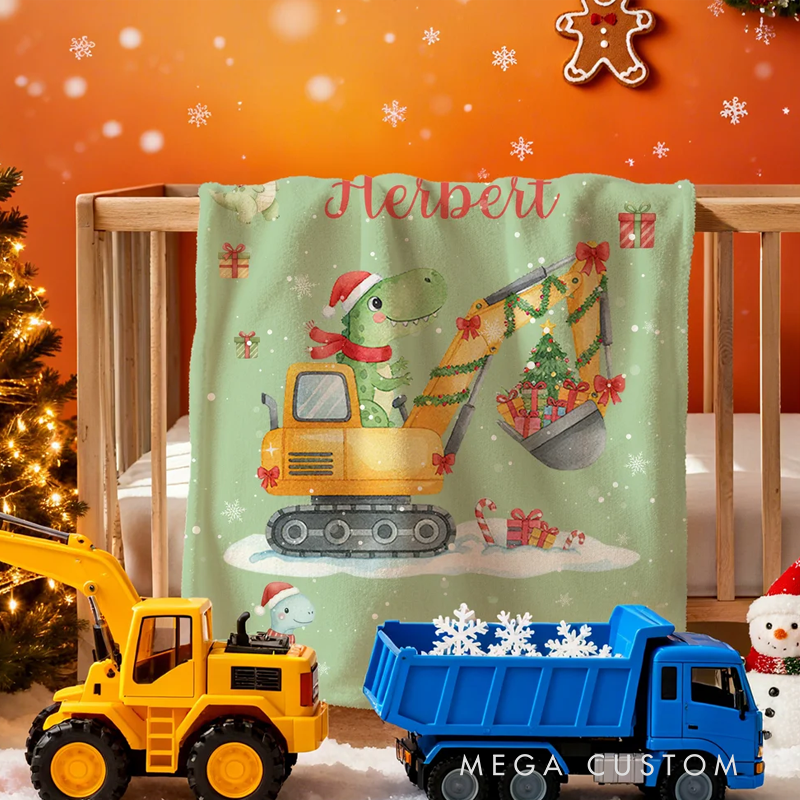 Personalized Cartoon Dinosaur Construction Vehicle Soft Throw Blanket with Name Home Decor Christmas Party Gift for Toddlers Boys