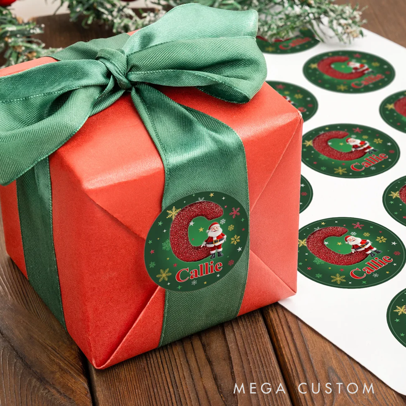Personalized Cartoon Santa Claus Initial Waterproof Stickers with Name Gift Decor Christmas Party Favor for Friends Family