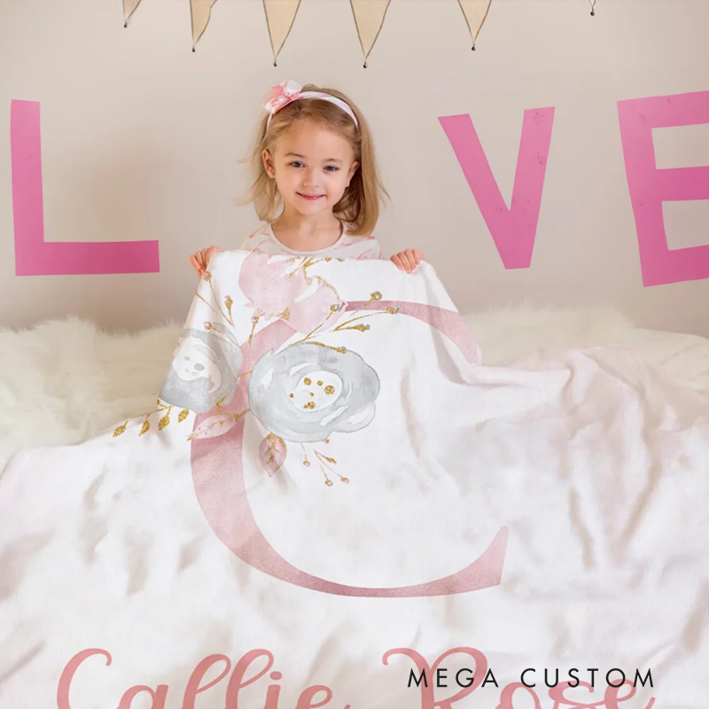 Personalized Pink Floral Soft Throw Blanket with Initial and Name Birthday Baby Shower Gift for Baby Girls