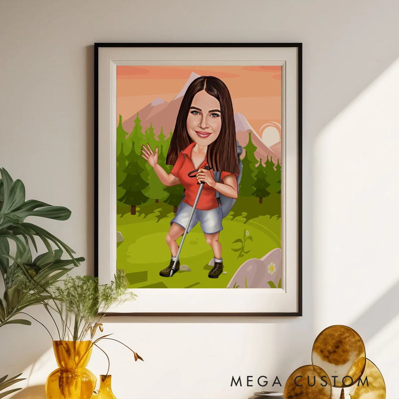 Personalized Hiking Cartoon Portrait Custom Hiking Caricature Portraits from Photos Funny Hiking Portrait Outdoor Adventure Lover Gift