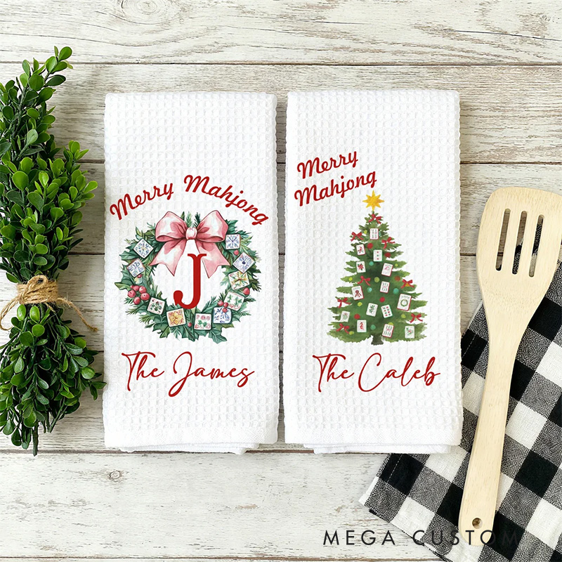 Personalized Bow Garland Christmas Tree Mahjong Waffle Kitchen Towel with Name Baking Tea Dish Towel Holiday Christmas Gift for Family Friend Baking Lover Gift