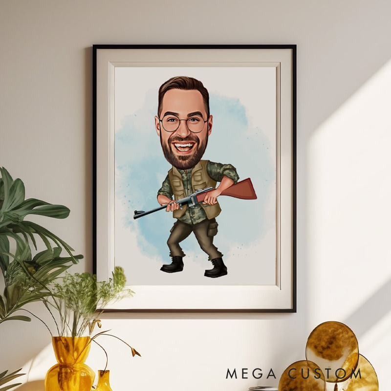 Personalized Hunter Cartoon Portrait Custom Hunter Caricature Hunter Caricature from Photo Unique Hunter Gift