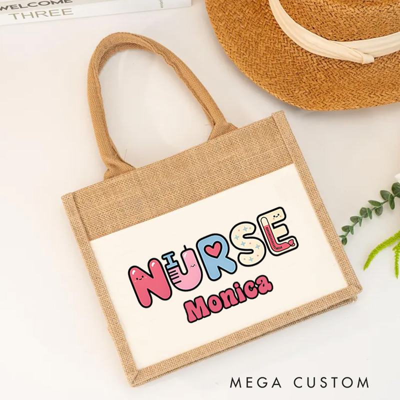 Personalised Nurse Burlap Tote Bags Cute Nurse Lettering Design Perfect Gift for Yourself or a Loved One