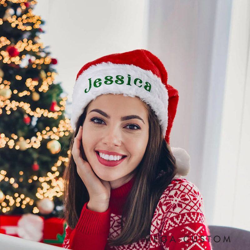 Personalized Soft and Plush Christmas Hat with Glitter Embroidered Name Stocking Stuffer Christmas Party Gift for Family