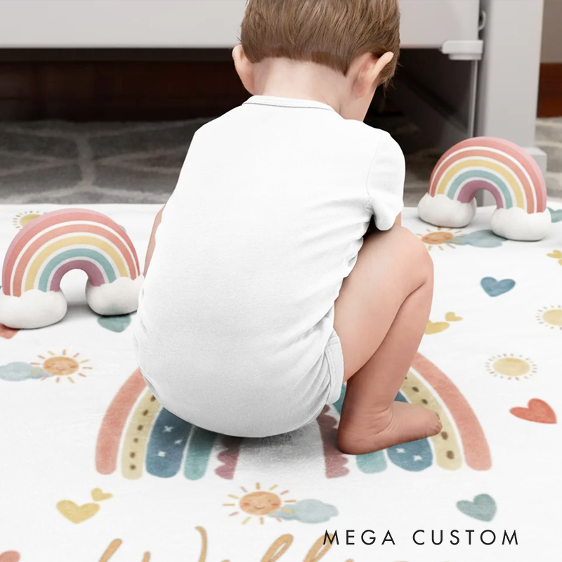 Personalized Heart Cloud Smiling Sun Rainbow Soft Throw Blanket with Name Home Decor Christmas Birthday Gift for Kids