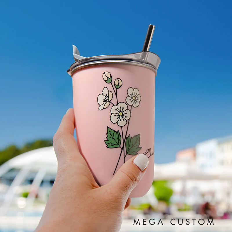 Personalized Watercolor Birth Flower Tumbler with Name Insulated Coffee Straw Tumbler Housewarming Birthday Party Favor Gift Trip Girl  Gift 