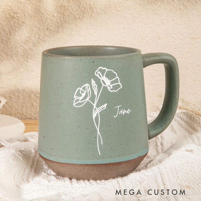 Personalized Birth Flower 12oz Mug Retro Handmade Stoneware Coffee Tumbler with Name Housewarming Birthday Mother's Day Gift for Mom Grandma
