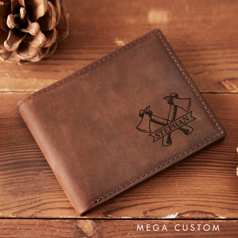 Personalized Leather Wallet with Firefighter Axes Customized Veterans Day Wallet Graduation Gift