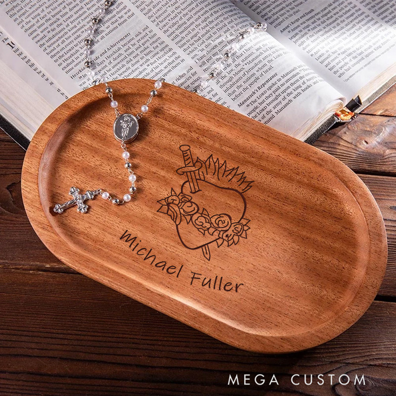 Personalized Wooden Rosary Tray with Engraved Name Sacrament First Communion Baptism Gift for Christian