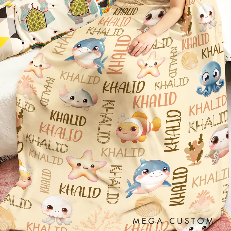 Personalized Cute Marine Animals Design Soft Throw Blanket with Name Home Decor Birthday Christmas Gift for Boys Girls
