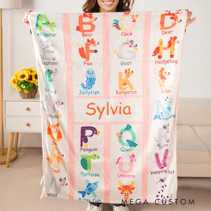 Personalized Zoo Alphabet Enlightenment Education Fleece Soft Blanket with Name Gift for Baby Kid