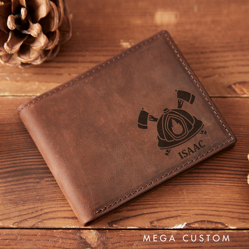 Personalized Leather Wallet with Firefighter Axes Customized Veterans Day Wallet Graduation Gift