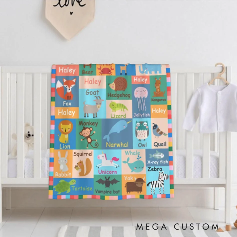 Personalized Kids Animals Alphabet Flannel Blanket with Name